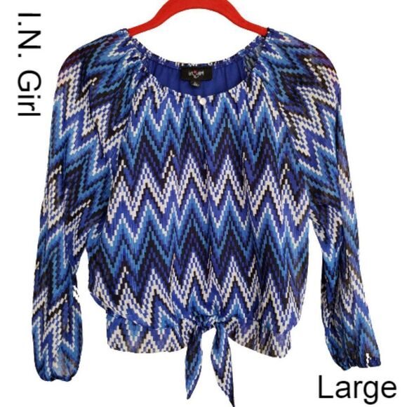 I.N. Girl Lg Tie-Front Blouse 14 Blue Chevron Long Sleeve Cottage Zig Zag Top - Picture 1 of 5